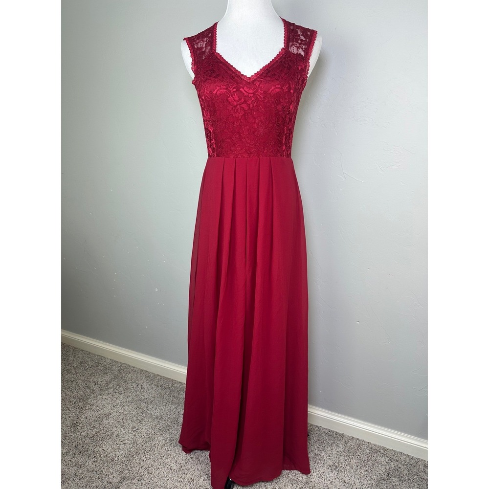 Rephyllis Dark Red Lace Chiffon Formal Maxi Dress Sleeveless V-Neck Gown Size M